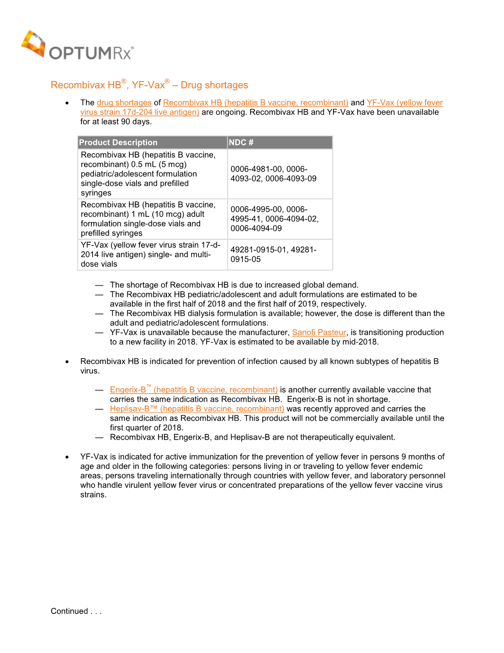 Recombivax HB , YF-Vax – Drug Shortages