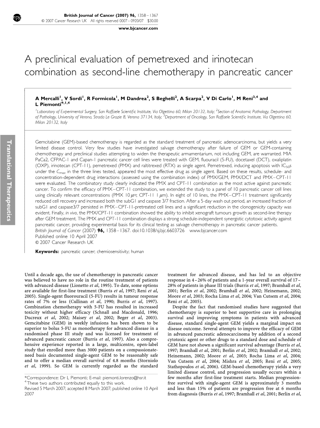 A Preclinical Evaluation of Pemetrexed and Irinotecan Combination As Second-Line Chemotherapy in Pancreatic Cancer