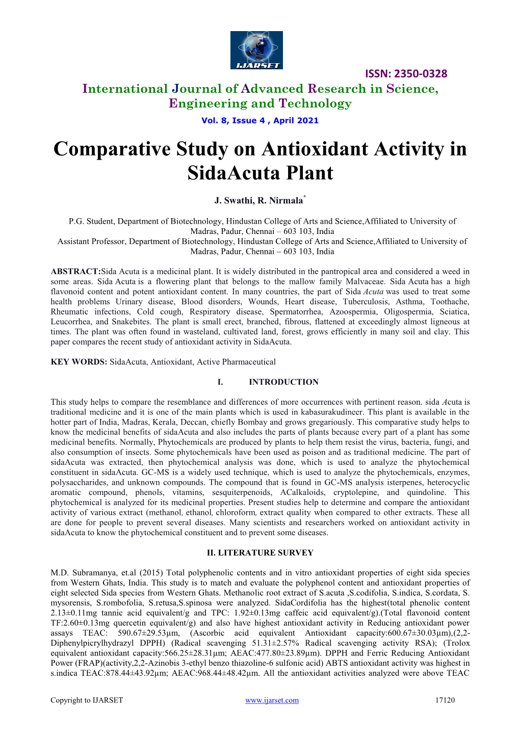 Comparative Study on Antioxidant Activity in Sidaacuta Plant