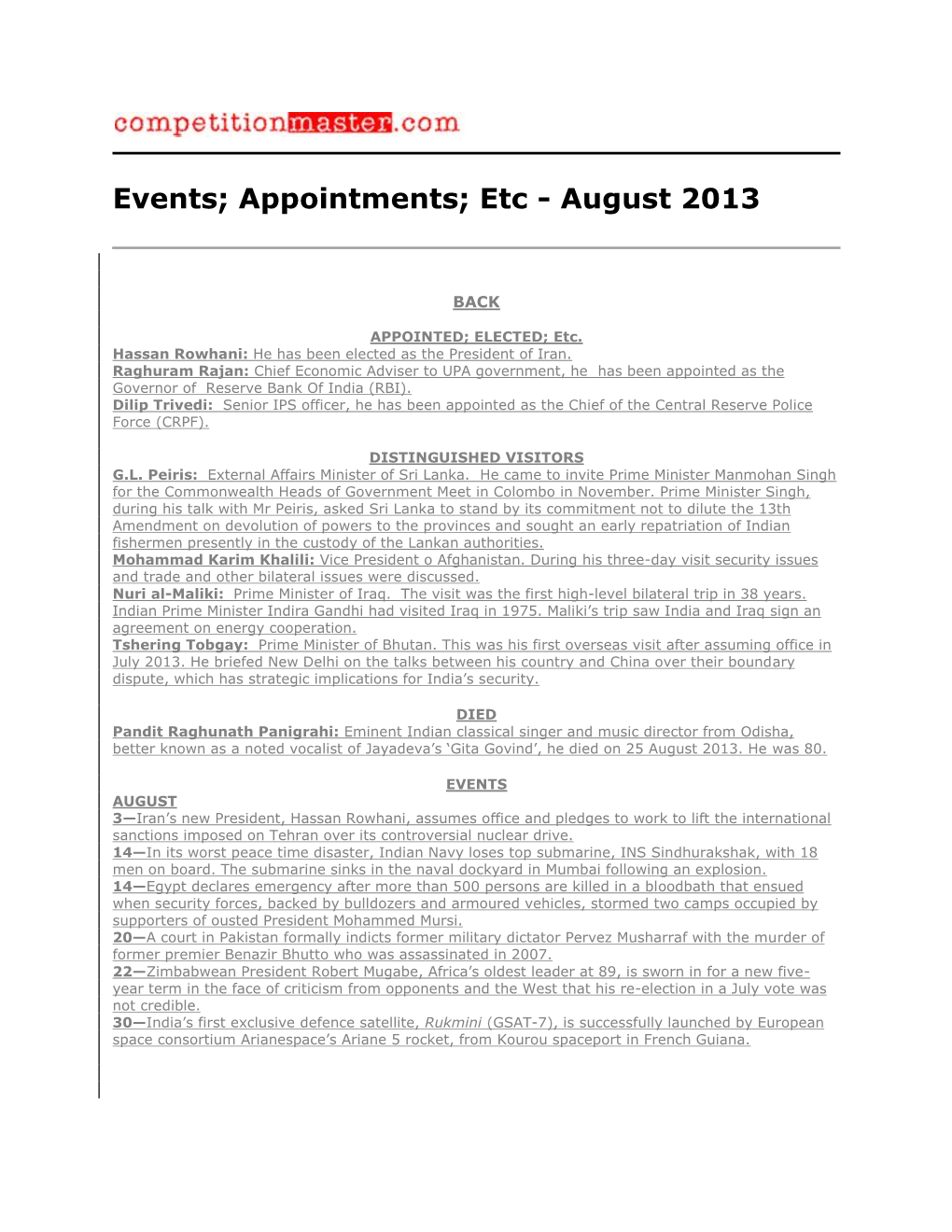 Events; Appointments; Etc - August 2013