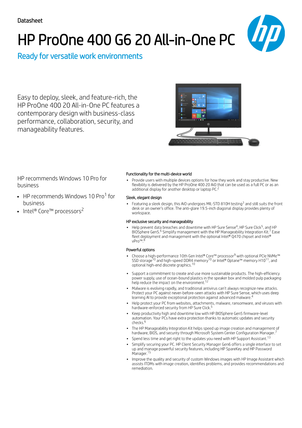 HP Proone 400 G6 20 All-In-One PC Ready for Versatile Work Environments