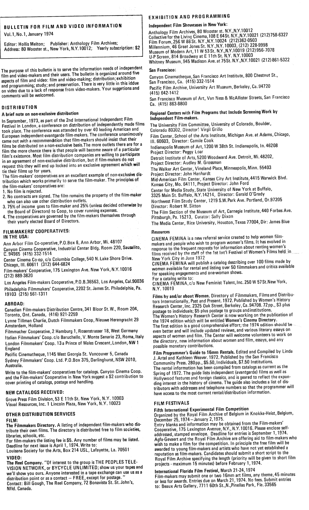 BULLETIN for FILM and VIDEO INFORMATION Vol. 1,No.1