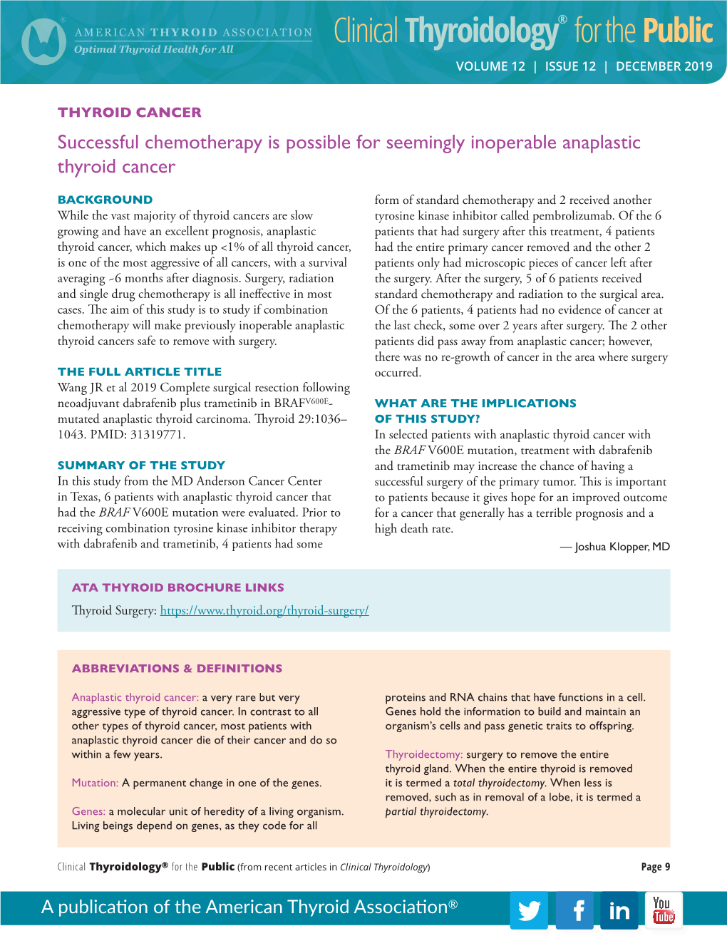 Successful Chemotherapy Is Possible for Seemingly Inoperable Anaplastic Thyroid Cancer