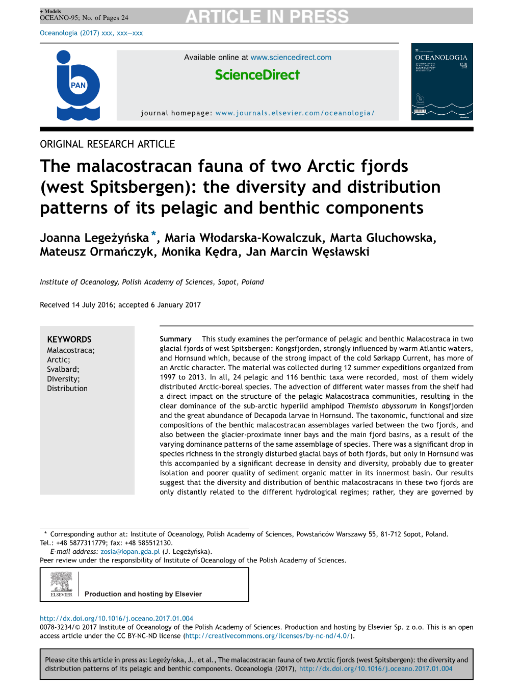 The Malacostracan Fauna of Two Arctic Fjords (West Spitsbergen): the Diversity And