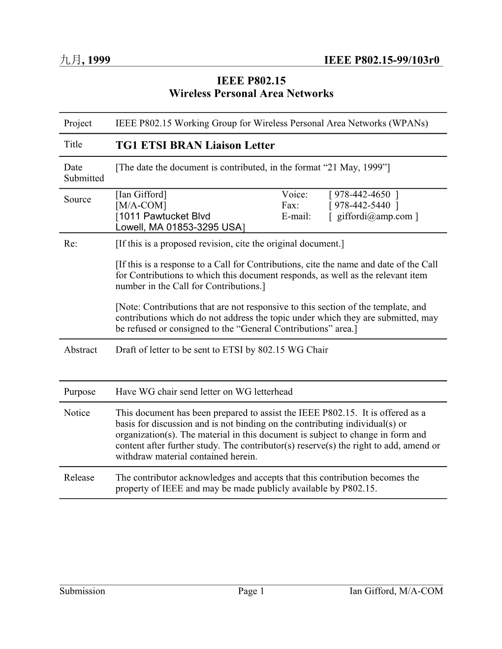 TG1 ETSI BRAN Liaison Letter