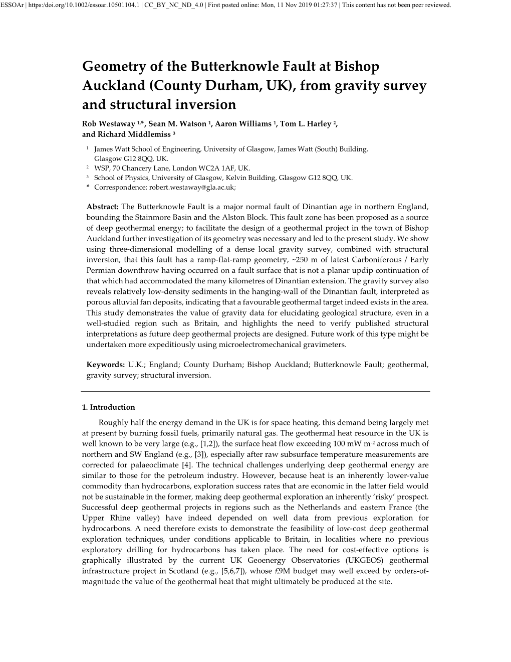 Geometry of the Butterknowle Fault at Bishop Auckland (County Durham, UK), from Gravity Survey and Structural Inversion