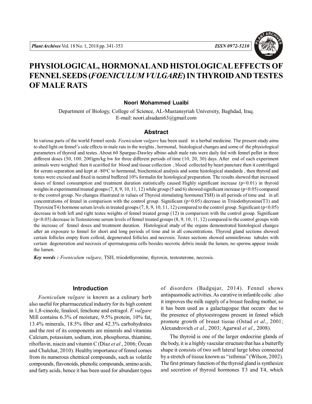 Foeniculum Vulgare) in Thyroid and Testes of Male Rats