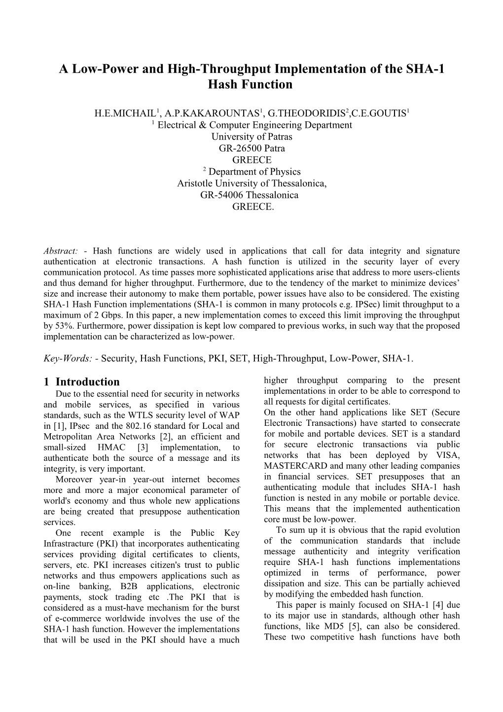 A Low-Power and High-Throughput Implementation of the SHA-1 Hash Function