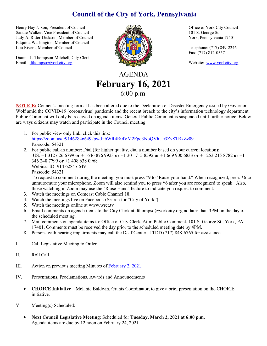 February 16, 2021 – Agenda