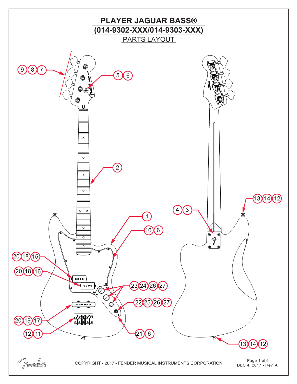 Player Jaguar Bass® (014-9302-Xxx/014-9303-Xxx) Parts Layout