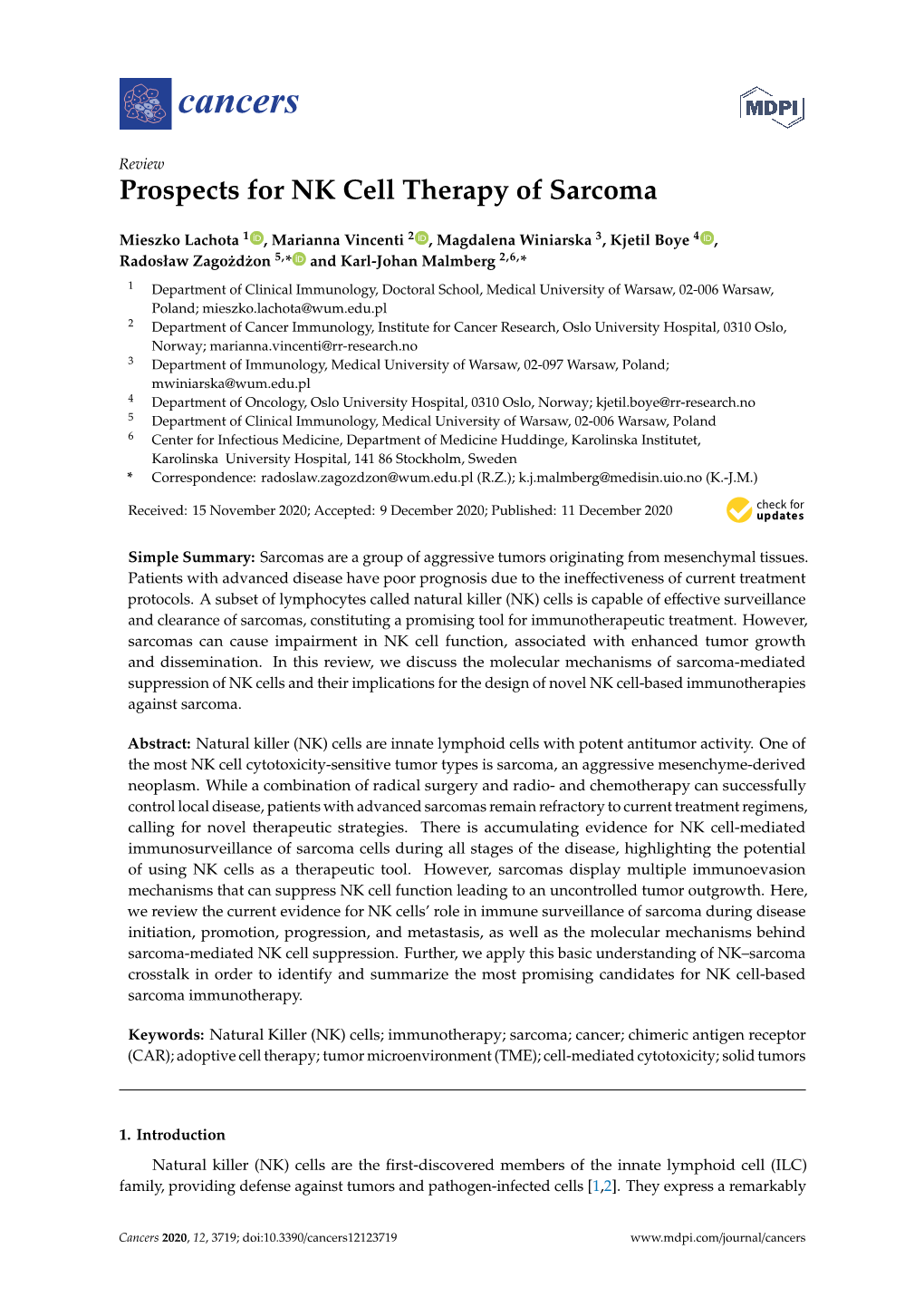 Prospects for NK Cell Therapy of Sarcoma