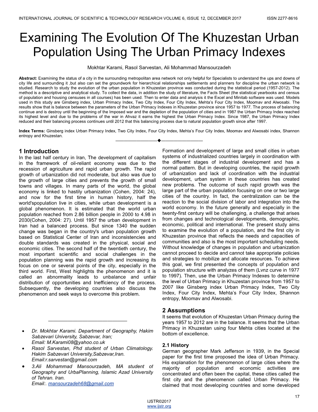 Examining the Evolution of the Khuzestan Urban Population Using the Urban Primacy Indexes