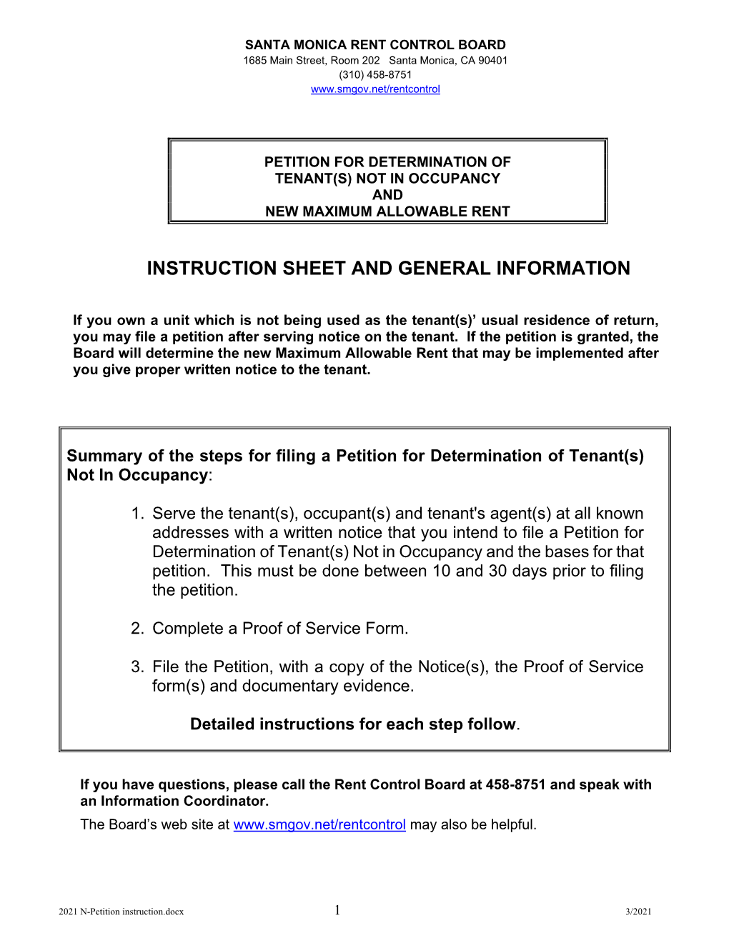 (Petition for Determination of Tenant(S) Not in Occupancy And