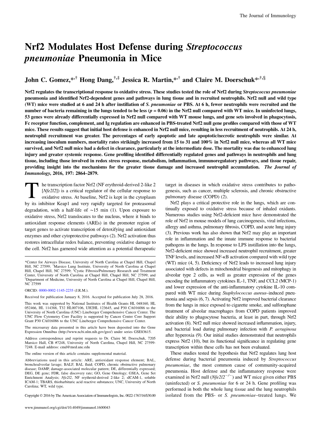 Nrf2 Modulates Host Defense During Streptococcus Pneumoniae Pneumonia in Mice