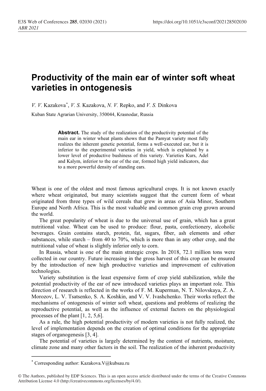 Productivity of the Main Ear of Winter Soft Wheat Varieties in Ontogenesis