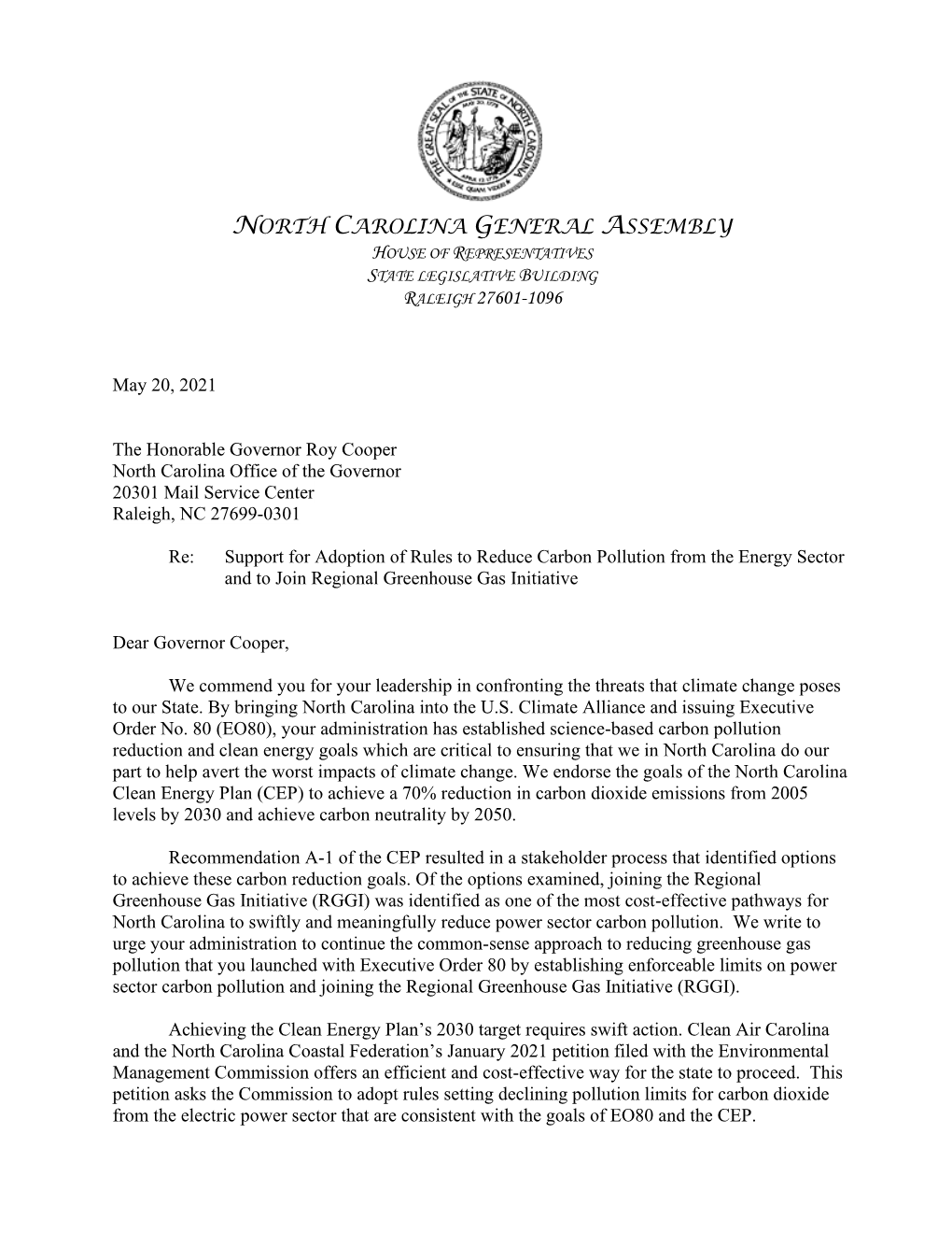 Letter of Support from 39 NC Representatives