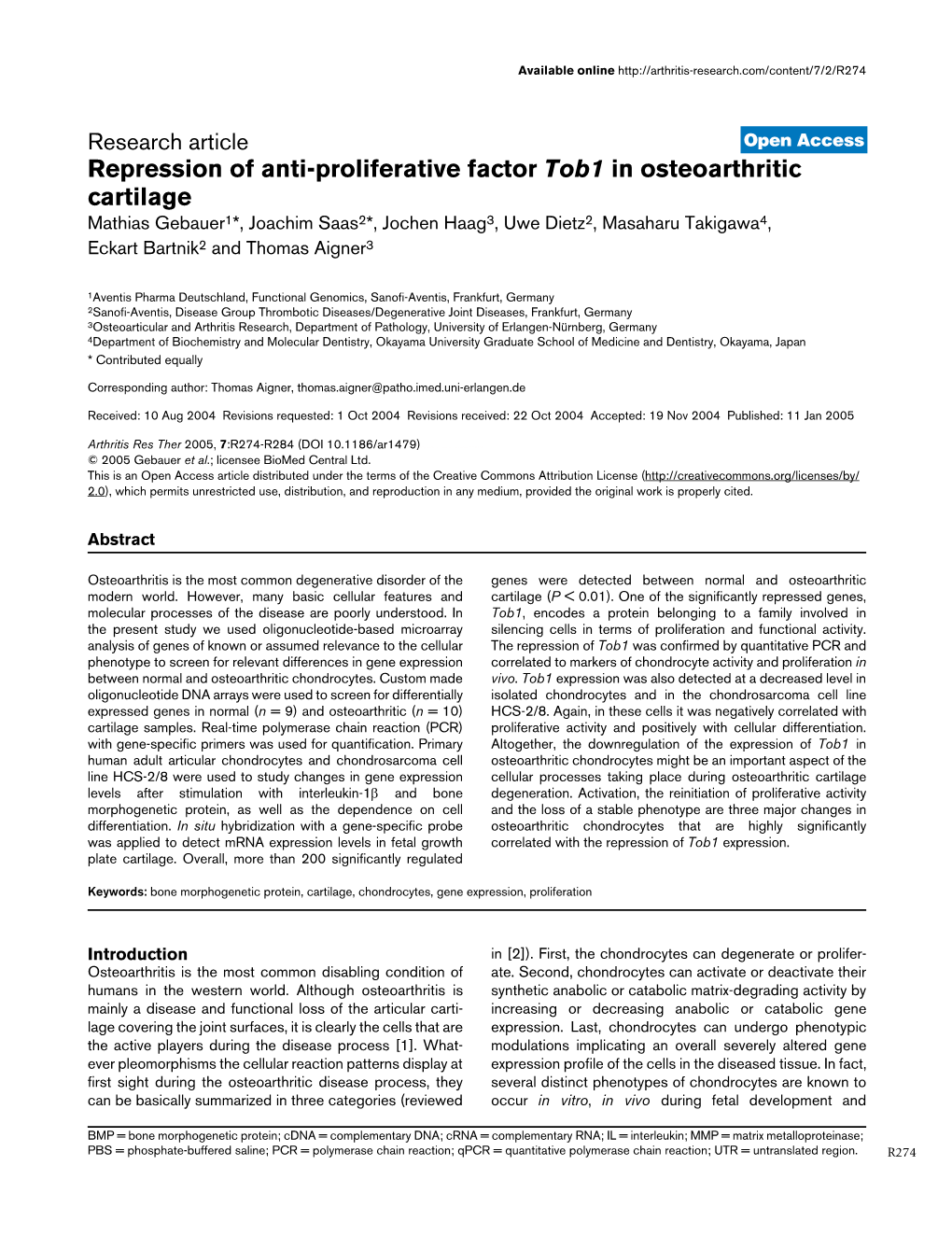 Repression of Anti-Proliferative Factor Tob1 in Osteoarthritic Cartilage