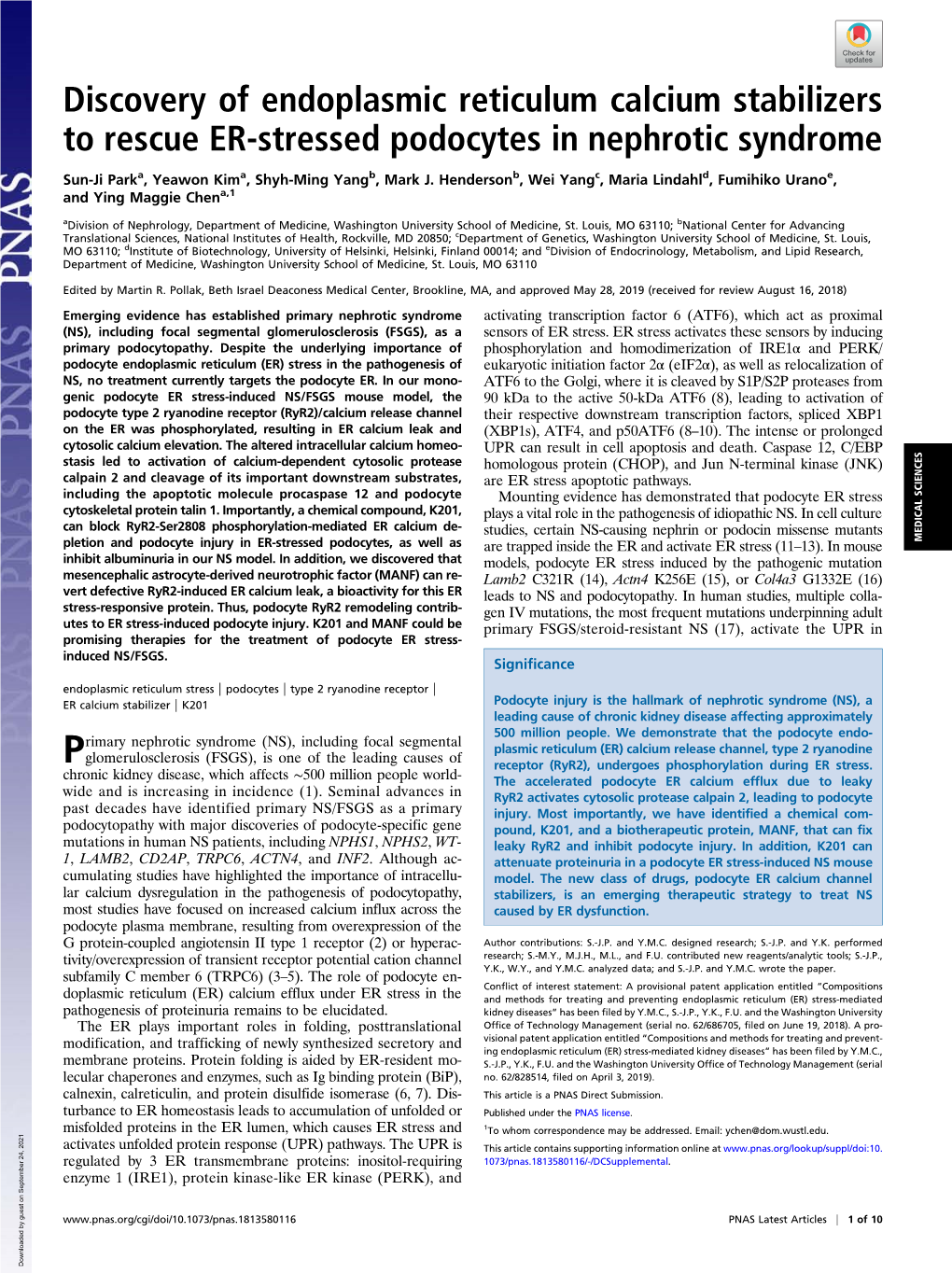 Discovery of Endoplasmic Reticulum Calcium Stabilizers to Rescue ER-Stressed Podocytes in Nephrotic Syndrome