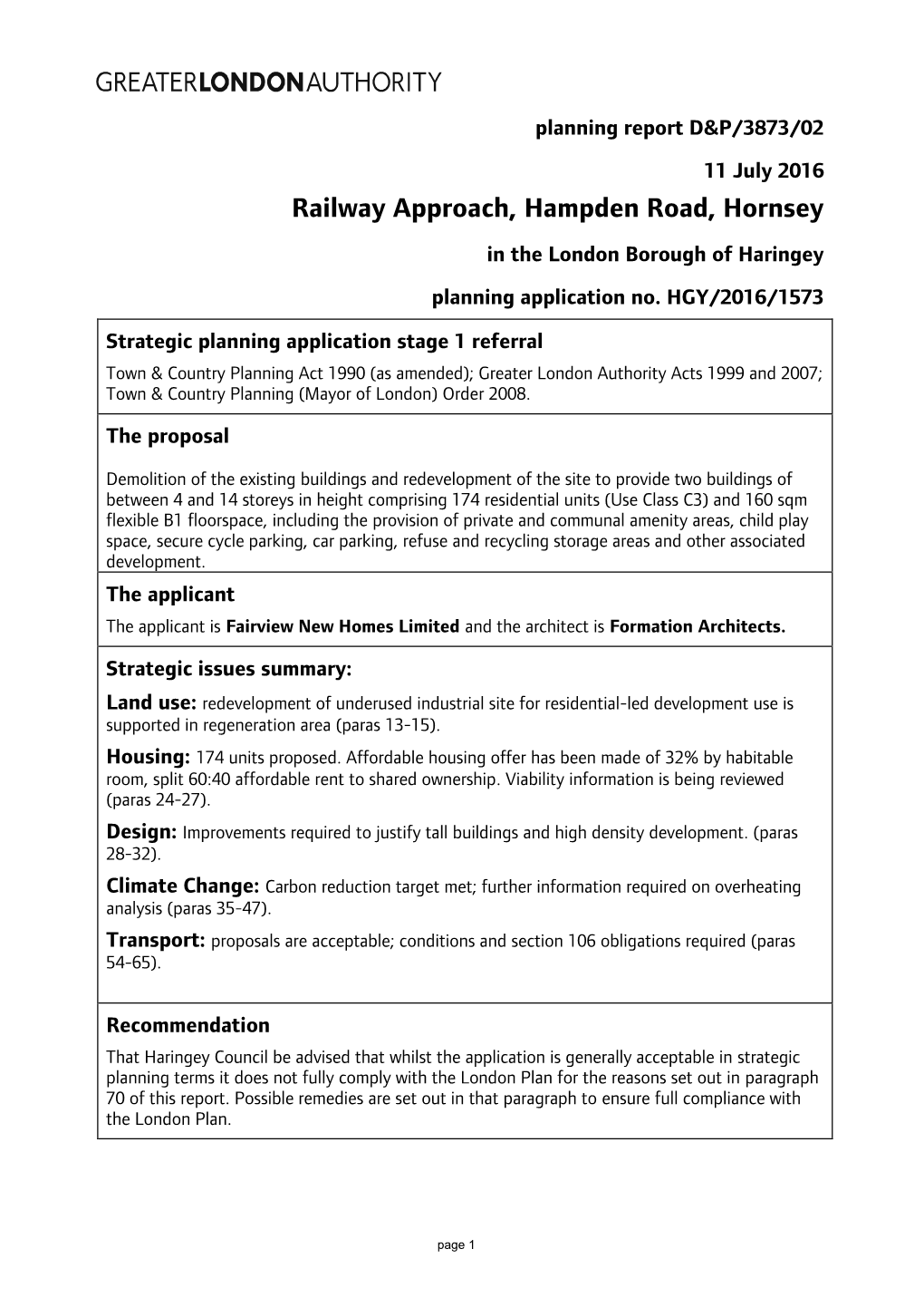 Railway Approach, Hampden Road, Hornsey in the London Borough of Haringey Planning Application No