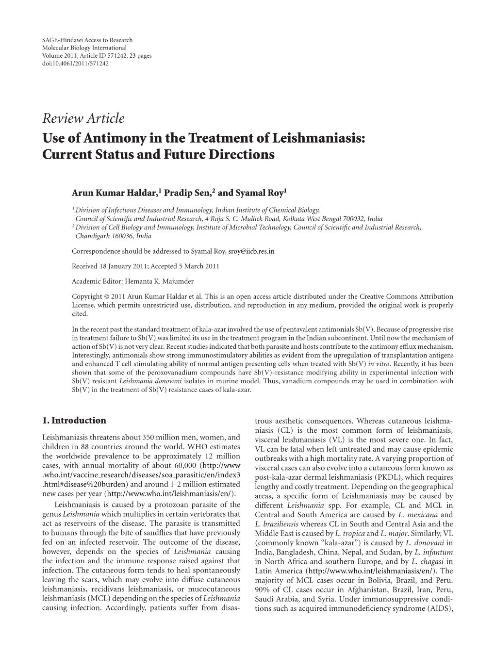 Review Article Use of Antimony in the Treatment of Leishmaniasis: Current Status and Future Directions