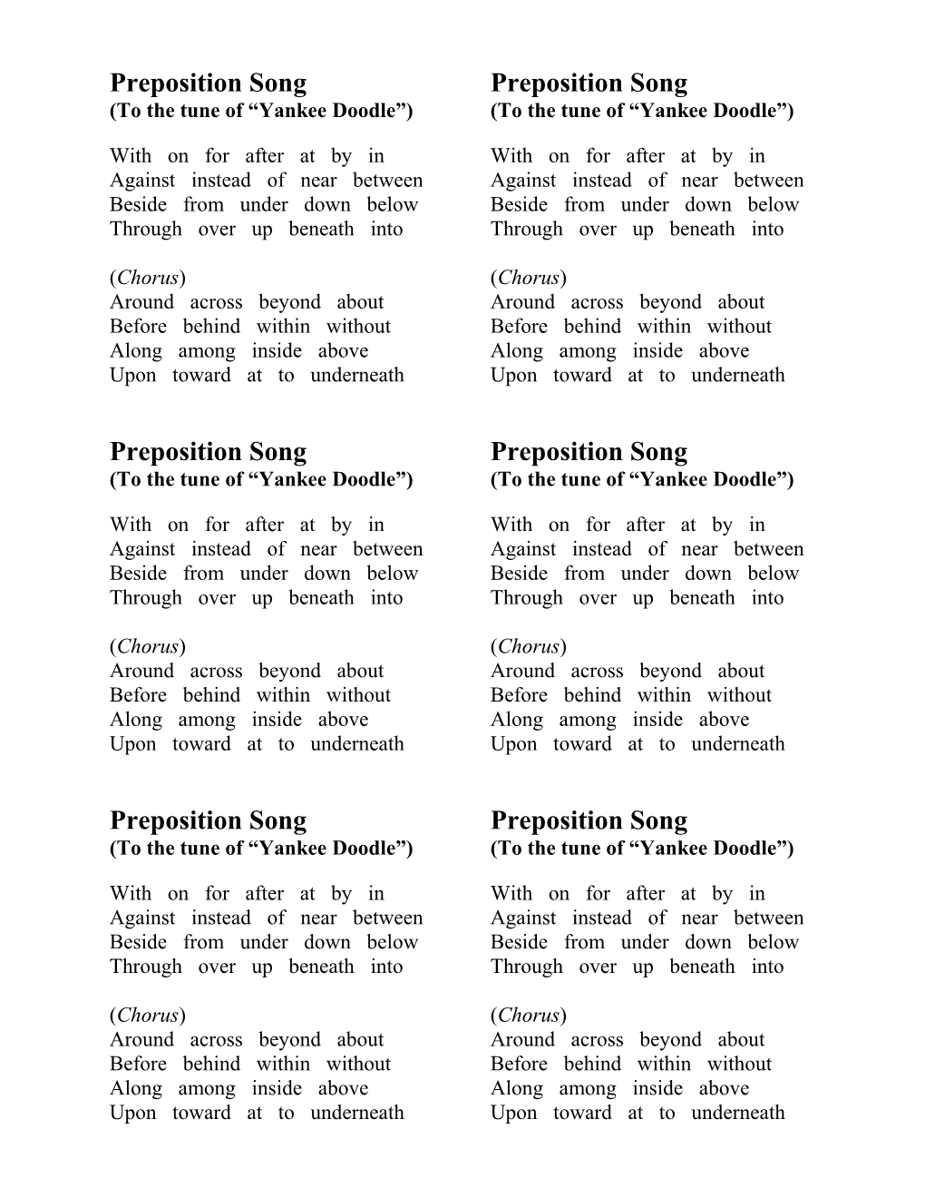 Preposition Song (To the Tune of Yankee Doodle )