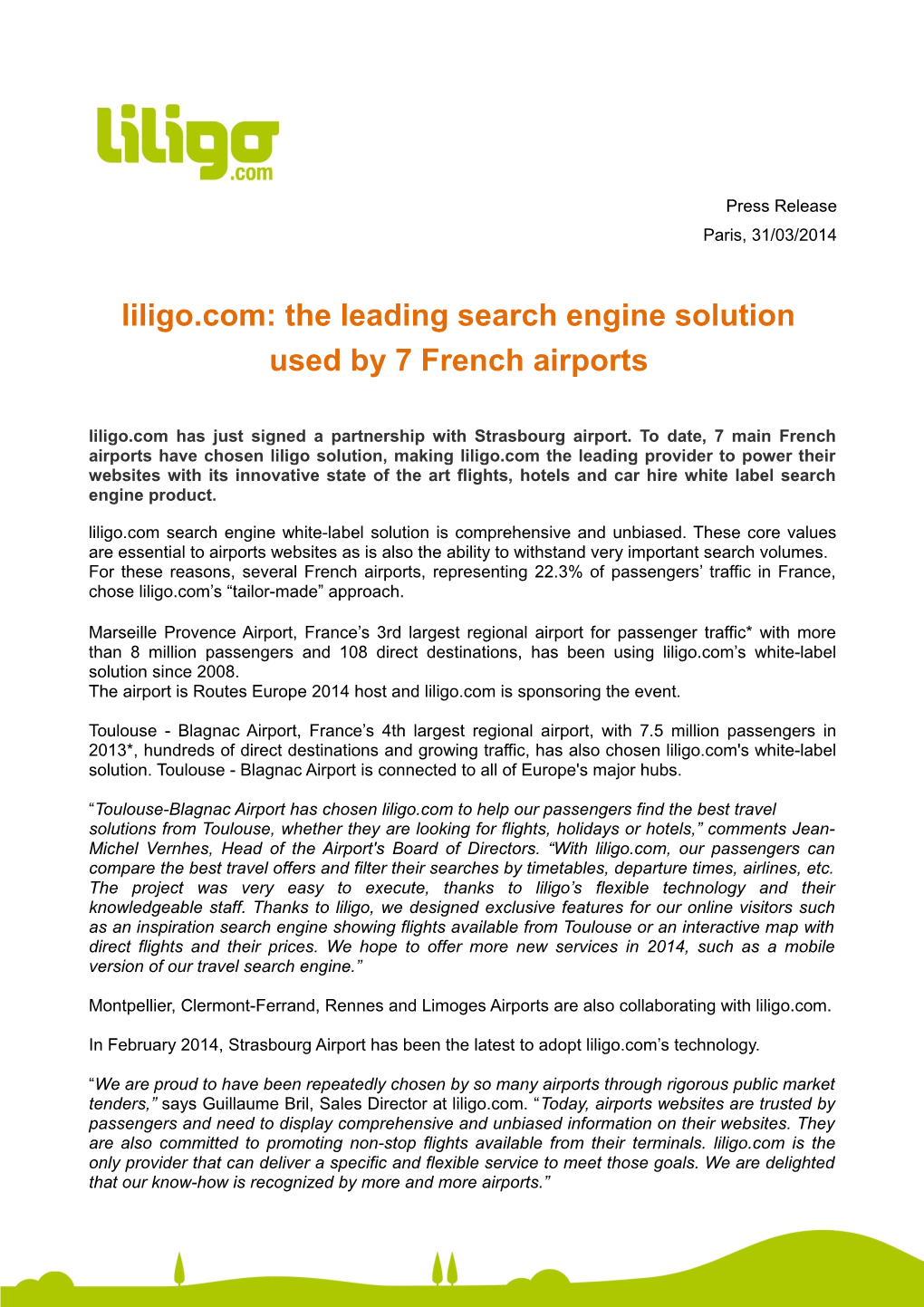 The Leading Search Engine Solution Used by 7 French Airports Liligo.Com Has Just Signed a Partnership with Strasbourg Airport