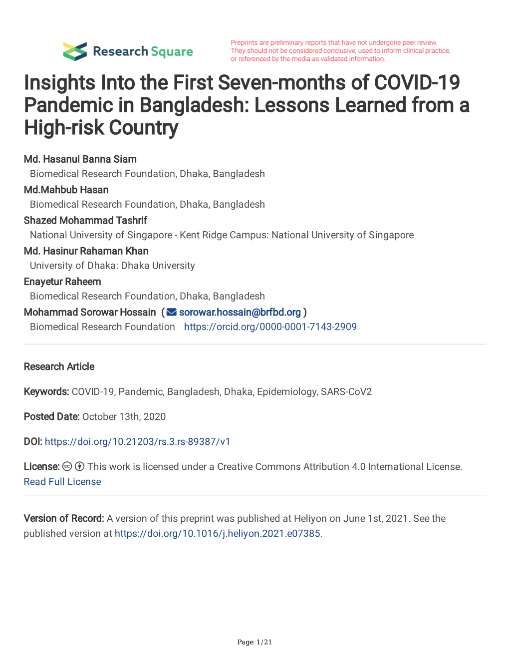 Insights Into the First Seven-Months of COVID-19 Pandemic in Bangladesh: Lessons Learned from a High-Risk Country