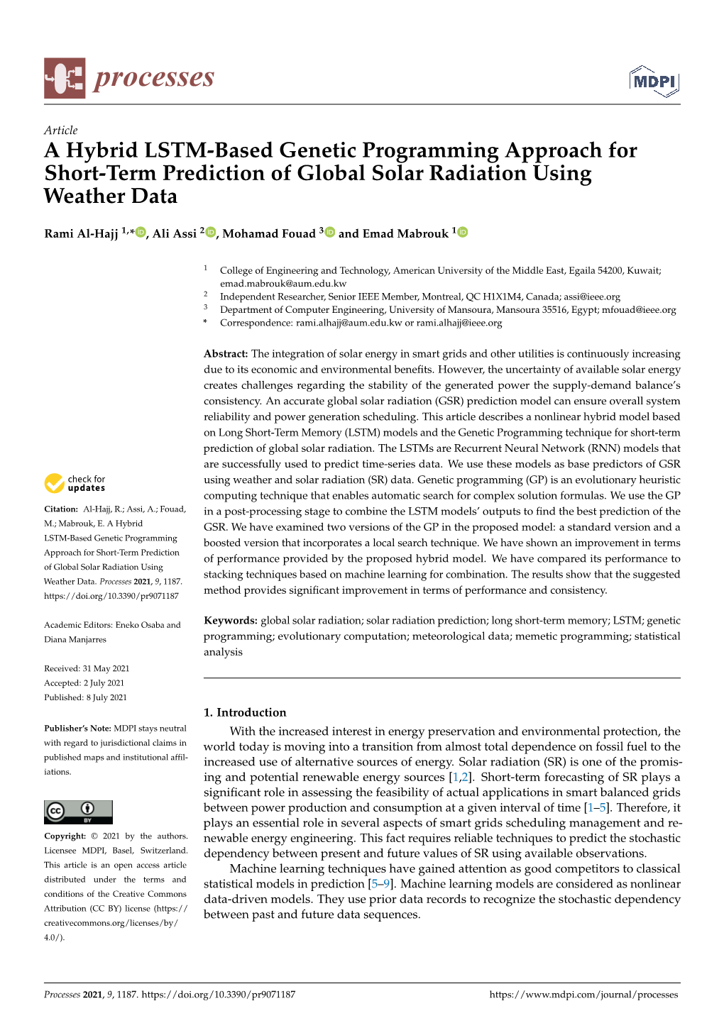 A Hybrid LSTM-Based Genetic Programming Approach for Short-Term Prediction of Global Solar Radiation Using Weather Data