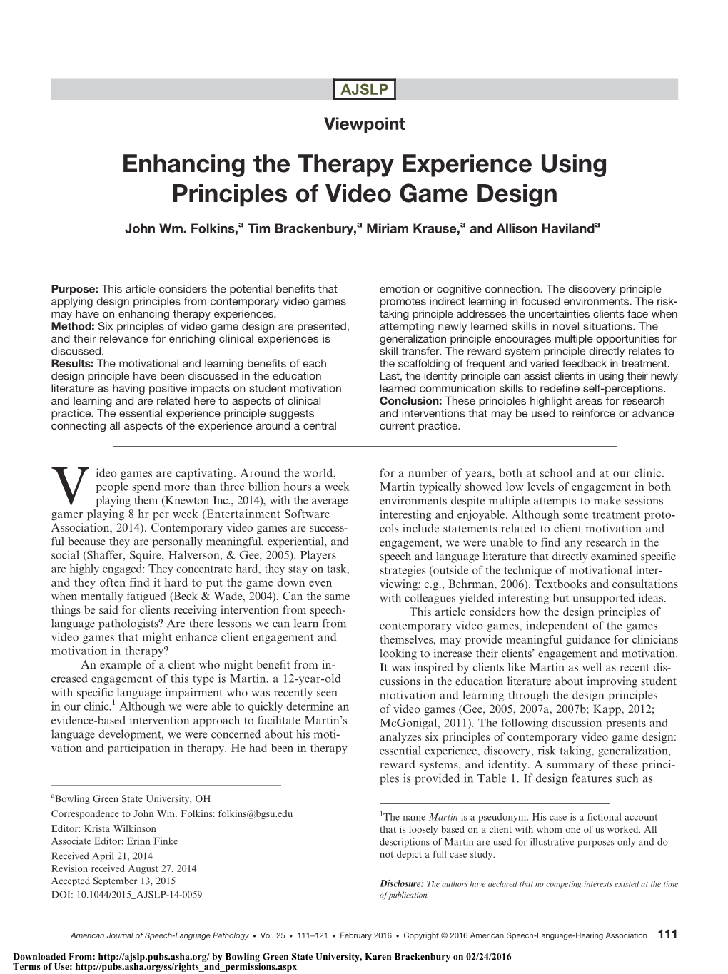 Enhancing the Therapy Experience Using Principles of Video Game Design