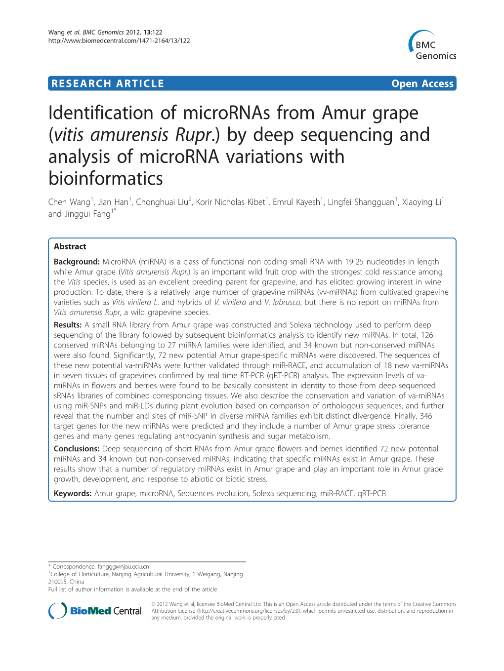 Identification of Micrornas from Amur Grape (Vitis Amurensis Rupr.) By