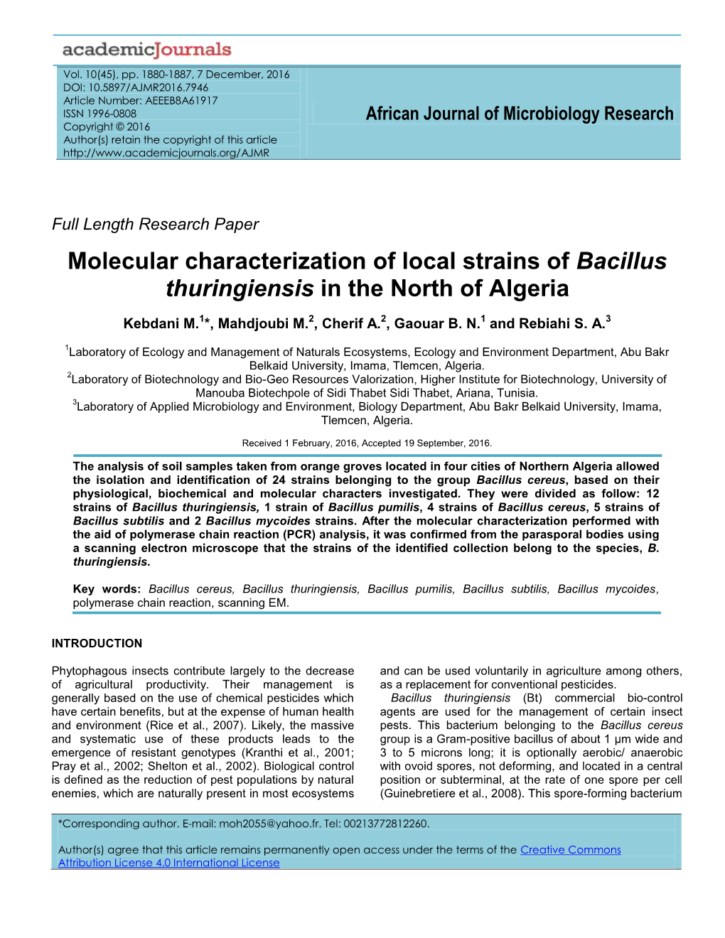 Molecular Characterization of Local Strains of Bacillus Thuringiensis in the North of Algeria