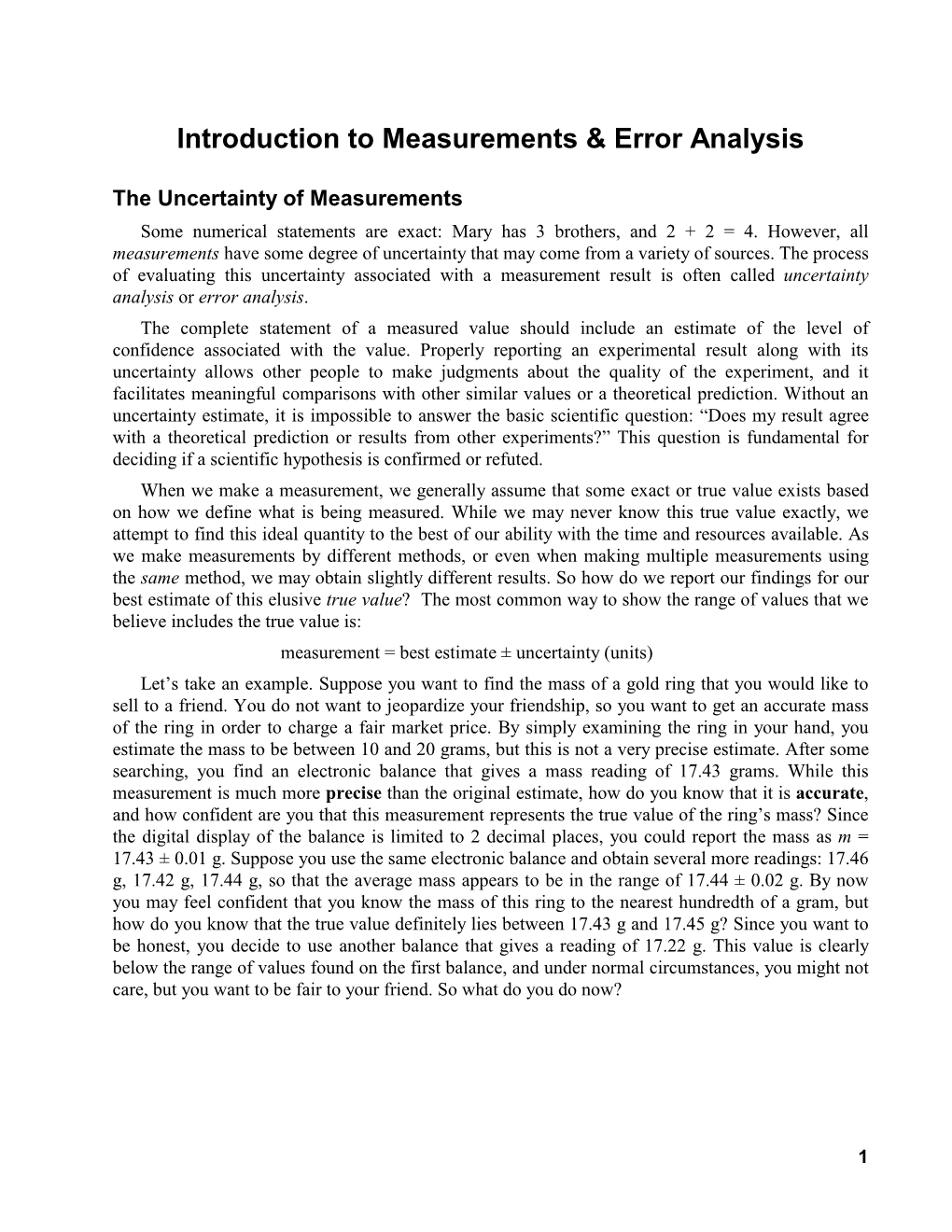 Introduction to Measurements & Error Analysis