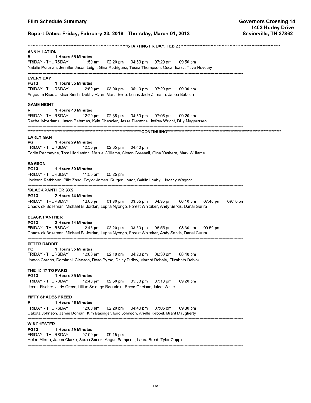 Film Schedule Summary Governors Crossing 14 1402 Hurley Drive Report Dates: Friday, February 23, 2018 - Thursday, March 01, 2018 Sevierville, TN 37862