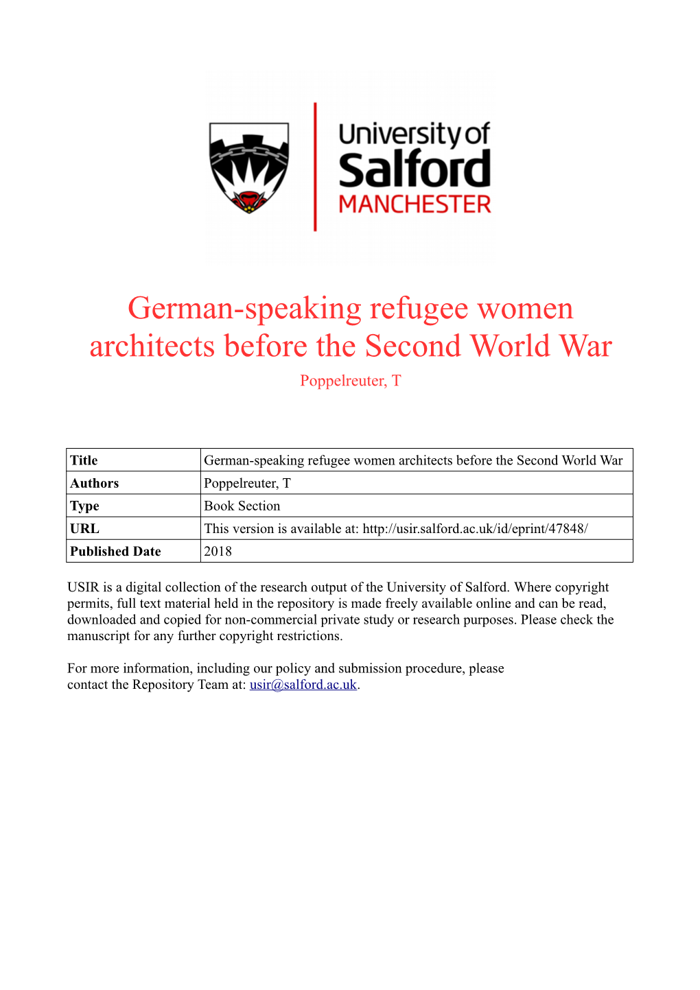German-Speaking Refugee Women Architects Before the Second World War Poppelreuter, T