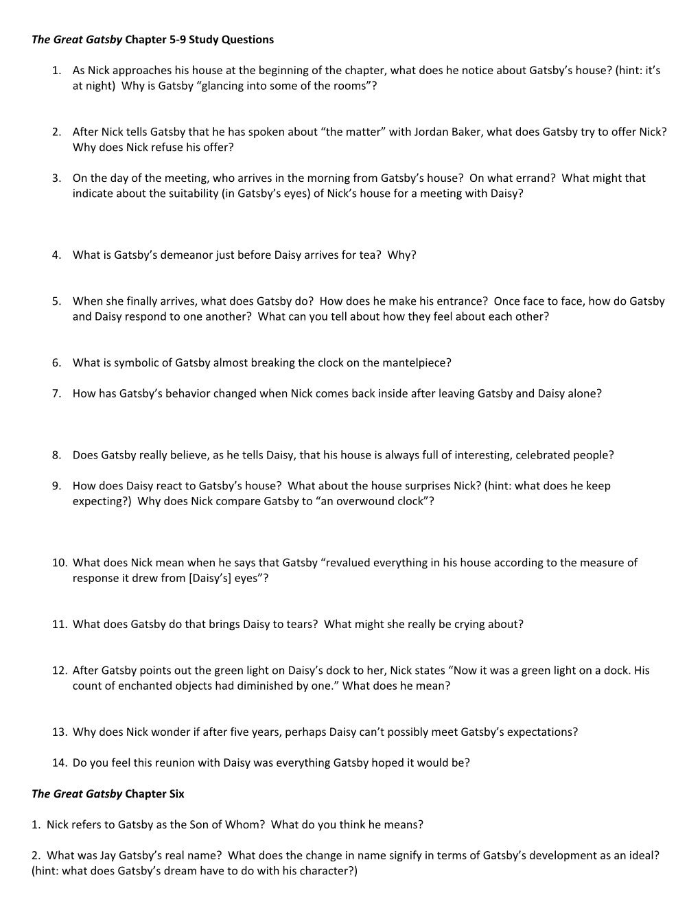 The Great Gatsby Chapter 5-9 Study Questions