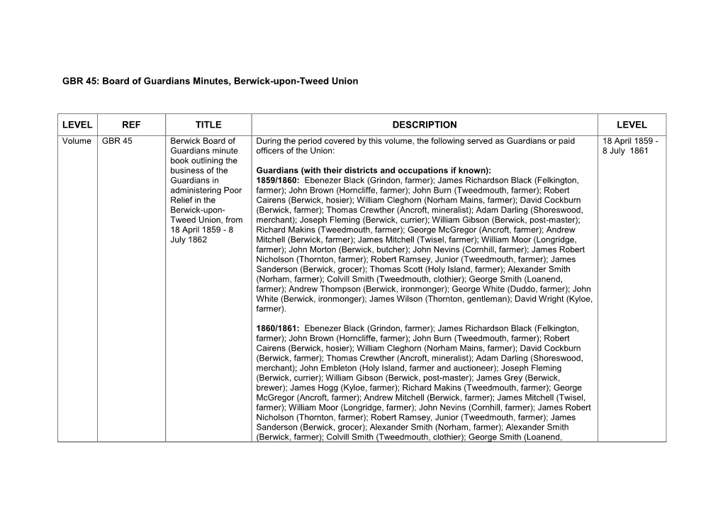 GBR 45: Board of Guardians Minutes, Berwick-Upon-Tweed Union LEVEL REF TITLE DESCRIPTION LEVEL