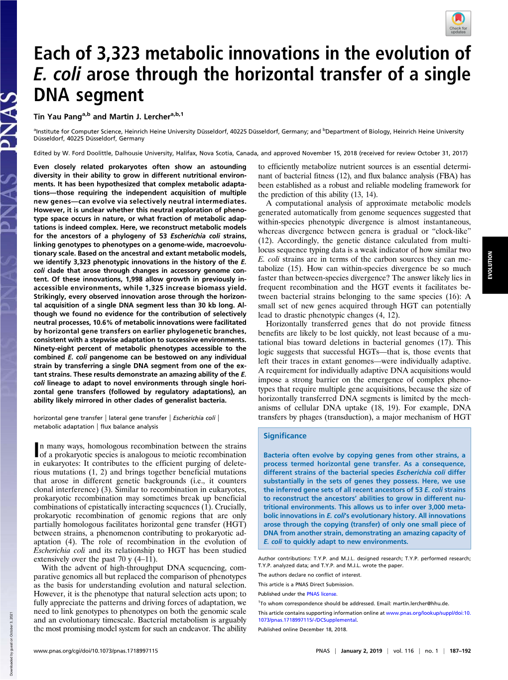 Each of 3,323 Metabolic Innovations in the Evolution of E. Coli Arose Through the Horizontal Transfer of a Single DNA Segment