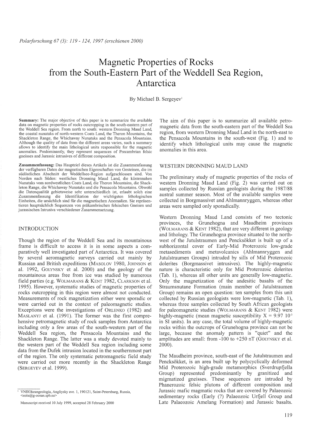 Magnetic Properties of Rocks from the South-Eastern Part Ofthe Weddell Sea Region, Antarctica