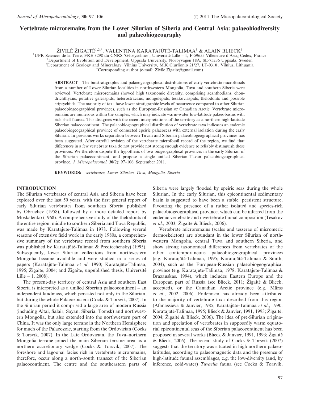 Vertebrate Microremains from the Lower Silurian of Siberia and Central Asia: Palaeobiodiversity and Palaeobiogeography