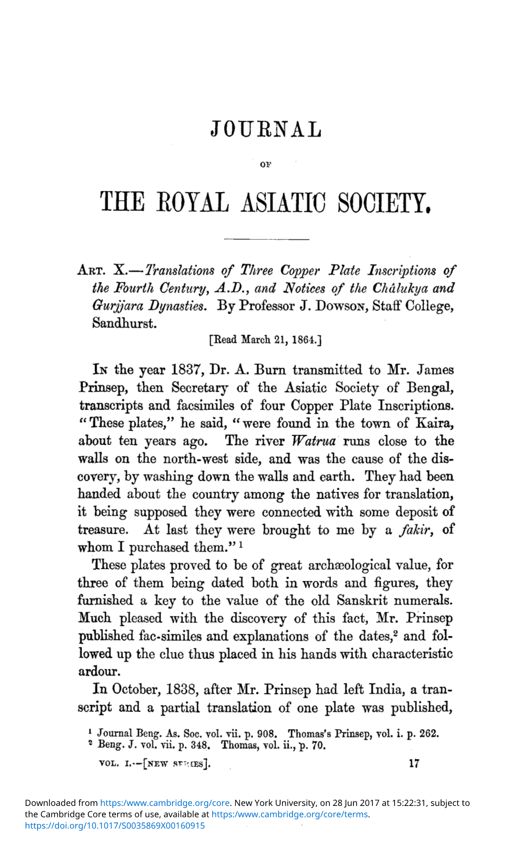 ART. X.—Translations of Three Copper Plate Inscriptions of the Fourth Century, A.D., and Notices of the Chalukya and Gurjjara Dynasties