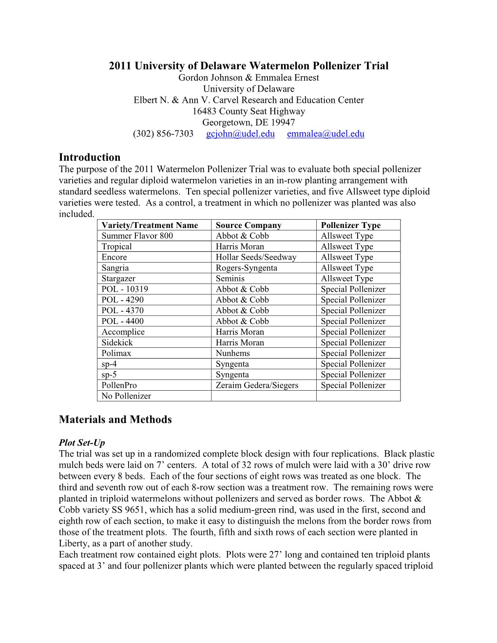 2011 University of Delaware Watermelon Pollenizer Trial Introduction Materials and Methods