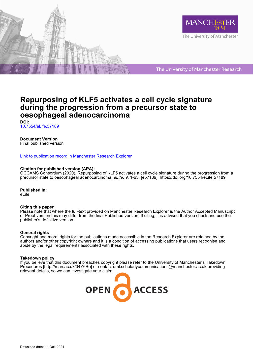 Repurposing of KLF5 Activates a Cell Cycle Signature During the Progression from a Precursor State to Oesophageal Adenocarcinoma DOI: 10.7554/Elife.57189