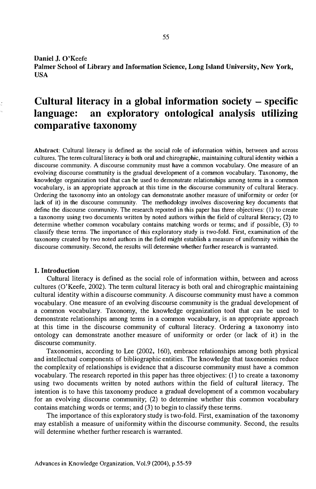 Cultural Literacy in a Global Information Society - Specific Language: an Exploratory Ontological Analysis Utilizing Comparative Taxonomy