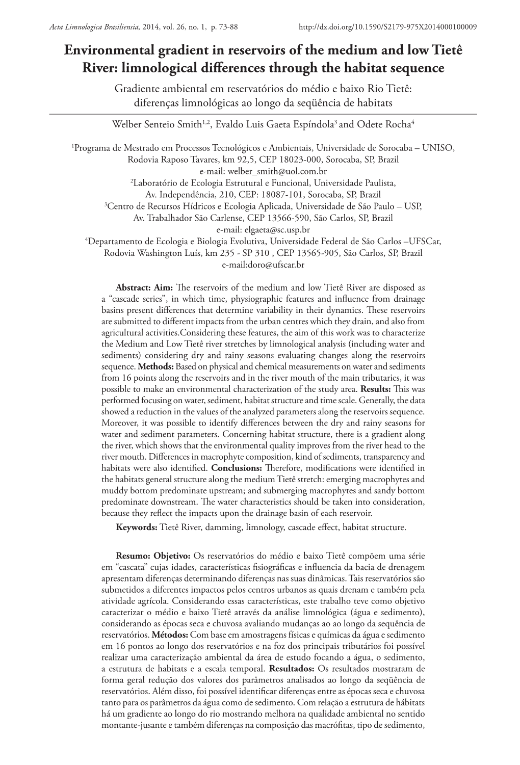 Environmental Gradient in Reservoirs of the Medium and Low Tietê River