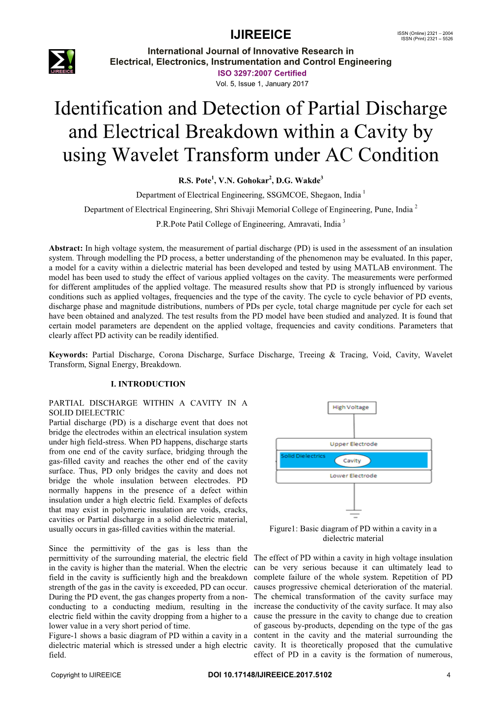 Identification and Detection of Partial Discharge and Electrical Breakdown Within a Cavity by Using Wavelet Transform Under AC Condition