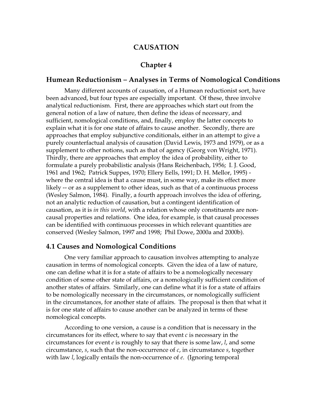 CAUSATION Chapter 4 Humean Reductionism