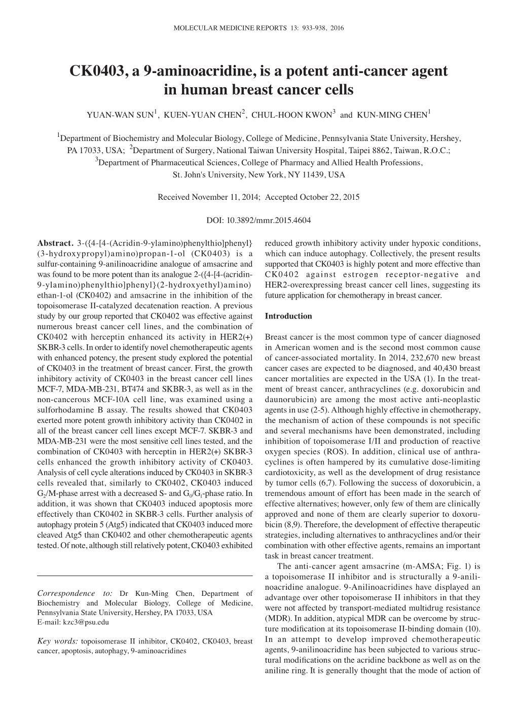 CK0403, a 9‑Aminoacridine, Is a Potent Anti‑Cancer Agent in Human Breast Cancer Cells