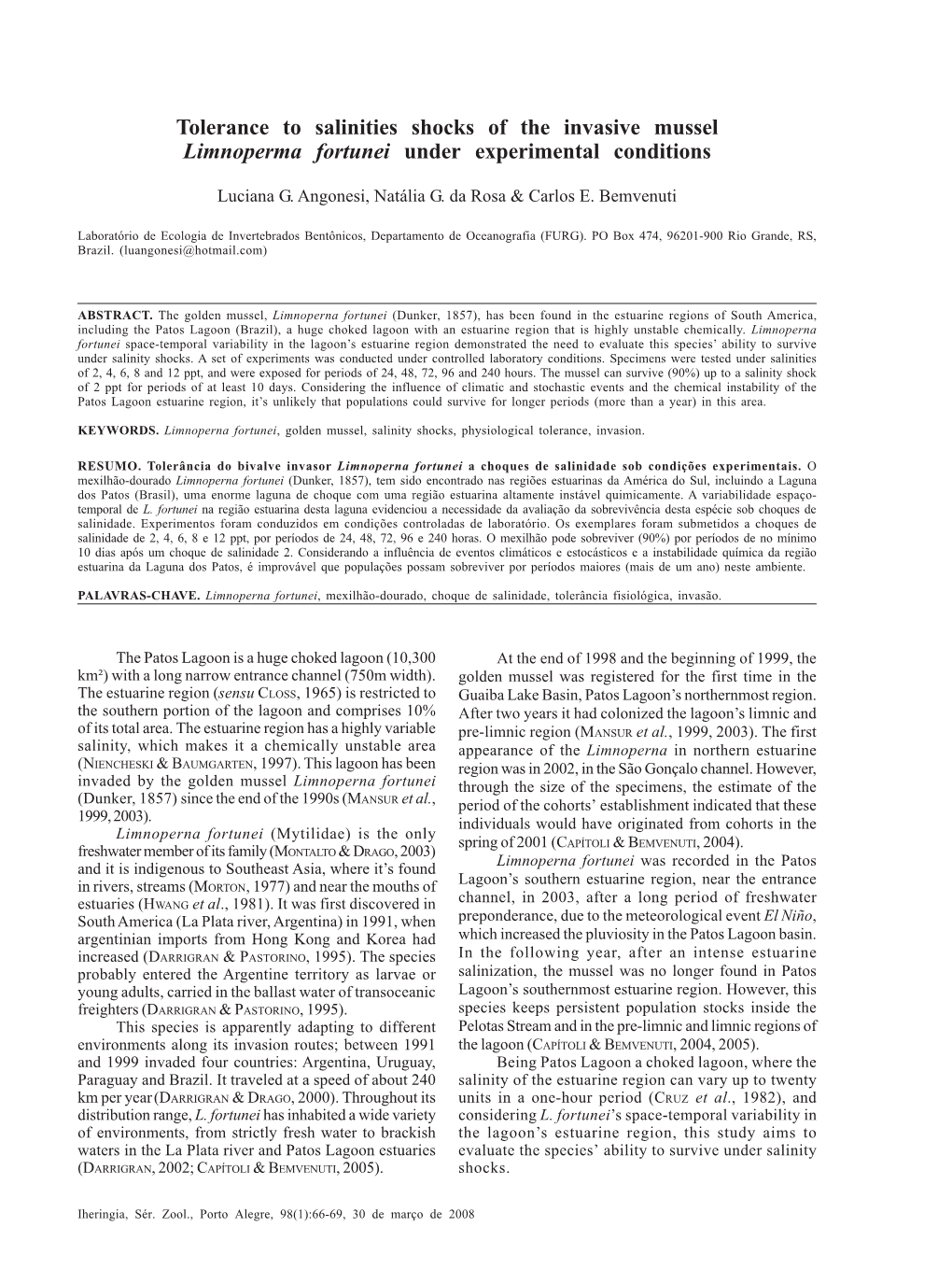 Tolerance to Salinities Shocks of the Invasive Mussel Limnoperma Fortunei Under Experimental Conditions