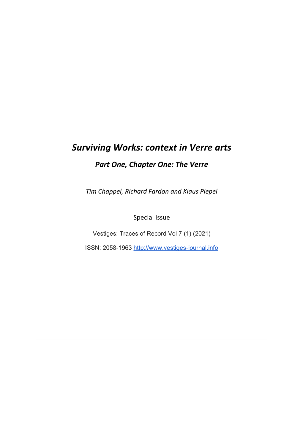 Surviving Works: Context in Verre Arts Part One, Chapter One: the Verre