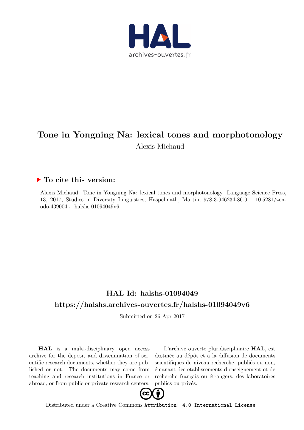 Tone in Yongning Na: Lexical Tones and Morphotonology Alexis Michaud